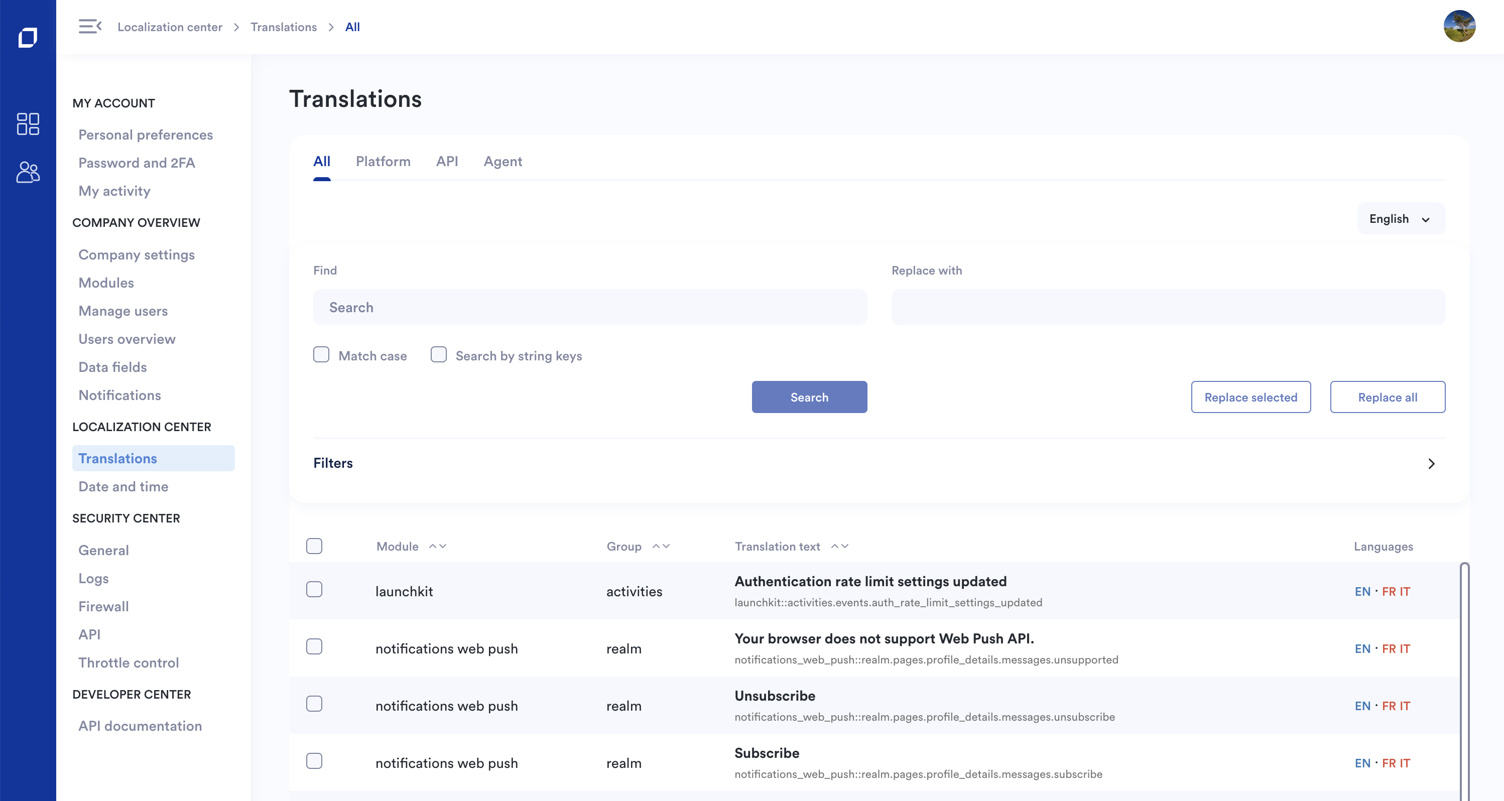 Localization Management interface