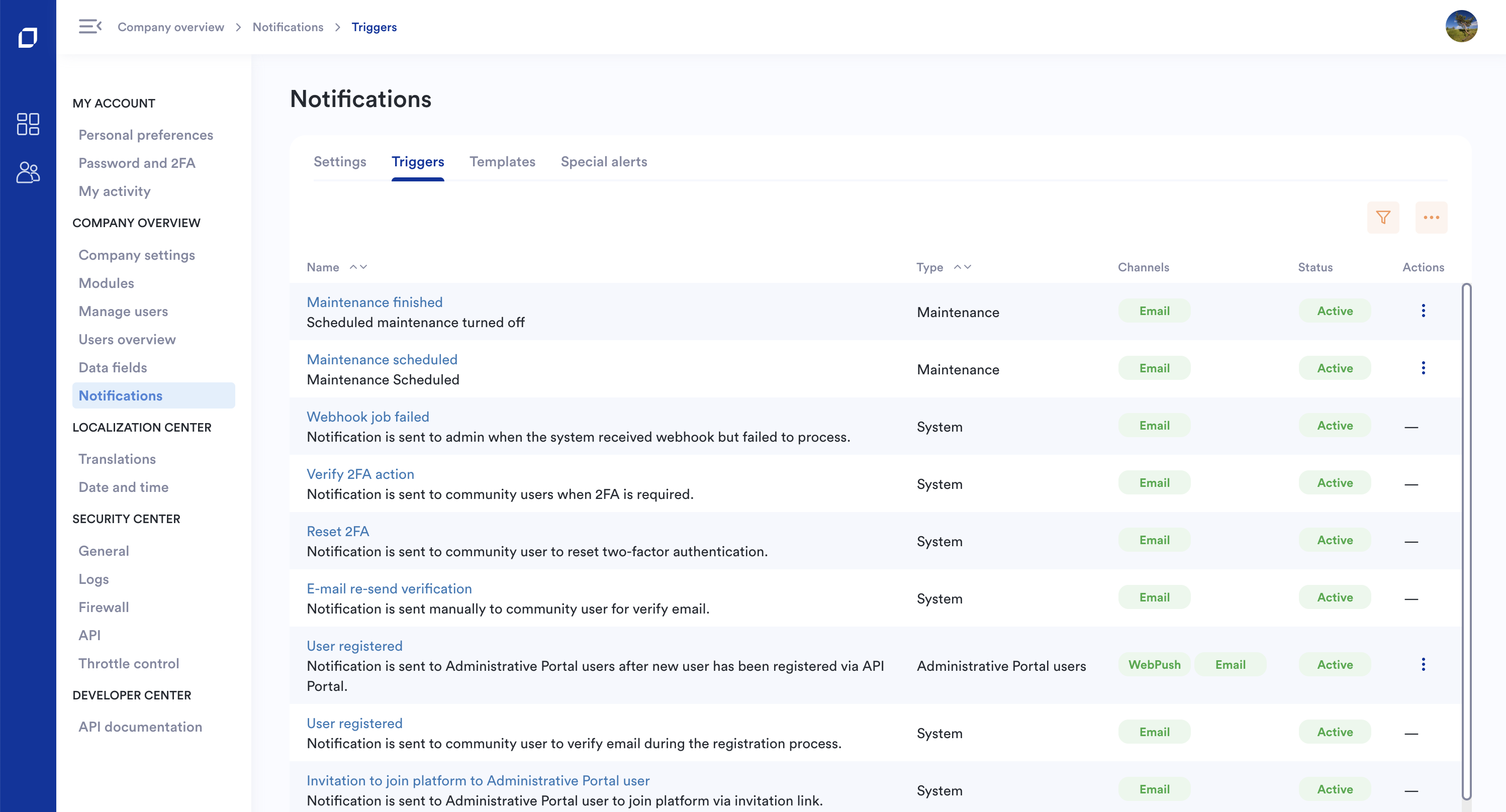 Email & Notifications interface